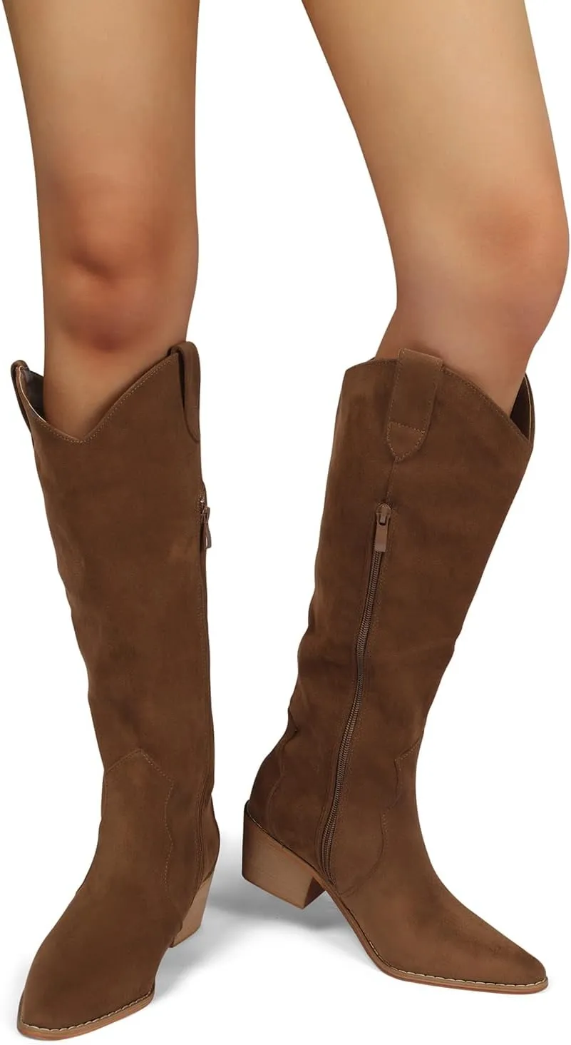 SHIBEVER Cowboy Boots for Women Knee High Suede Pointed Toe Cowgirl Boots Embroidered Pull-On Chunky Heel Western Boots