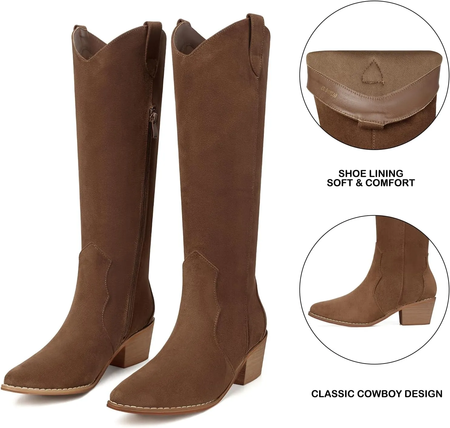 SHIBEVER Cowboy Boots for Women Knee High Suede Pointed Toe Cowgirl Boots Embroidered Pull-On Chunky Heel Western Boots