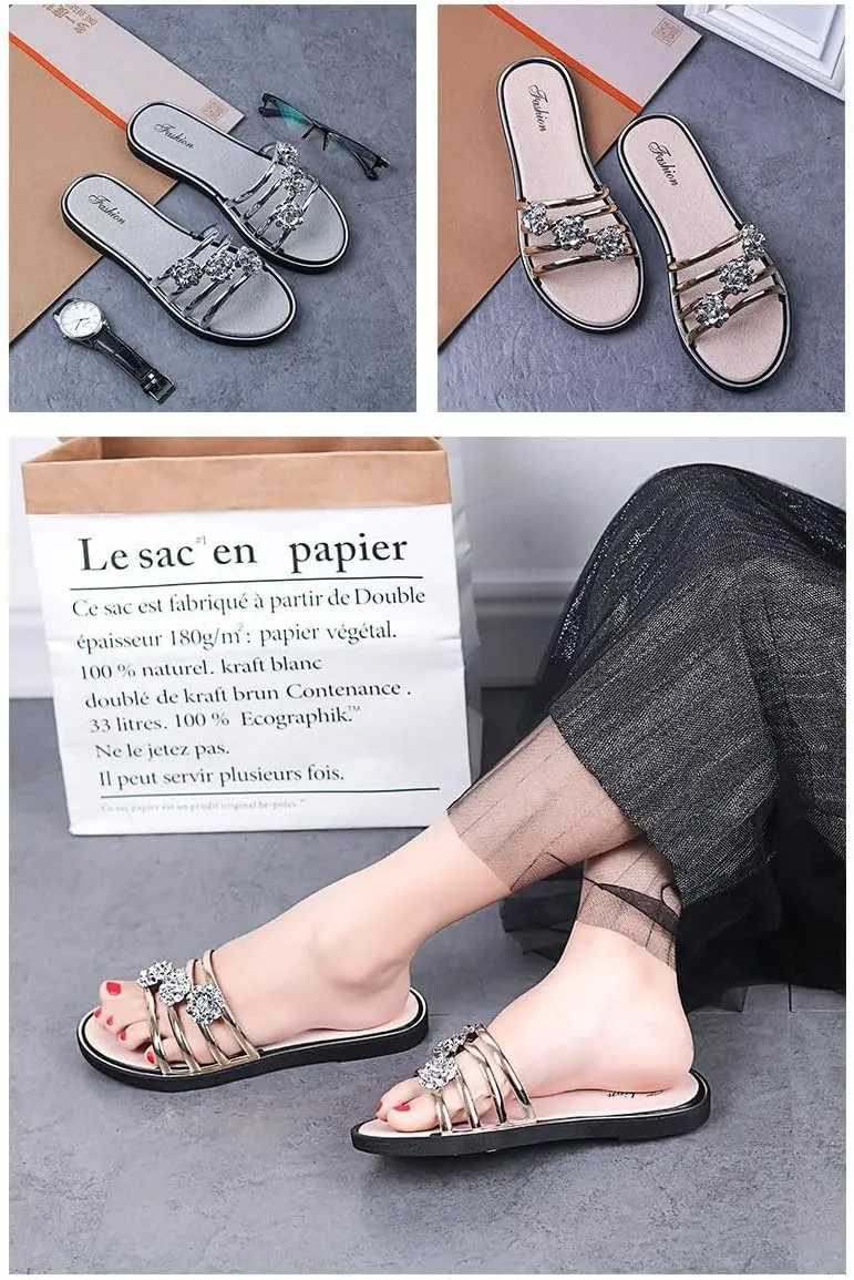 Shiny Diamond black flat Slide Sandals for Women Flip-flops Slip-On Fashionable Slippers for Summer Vacation