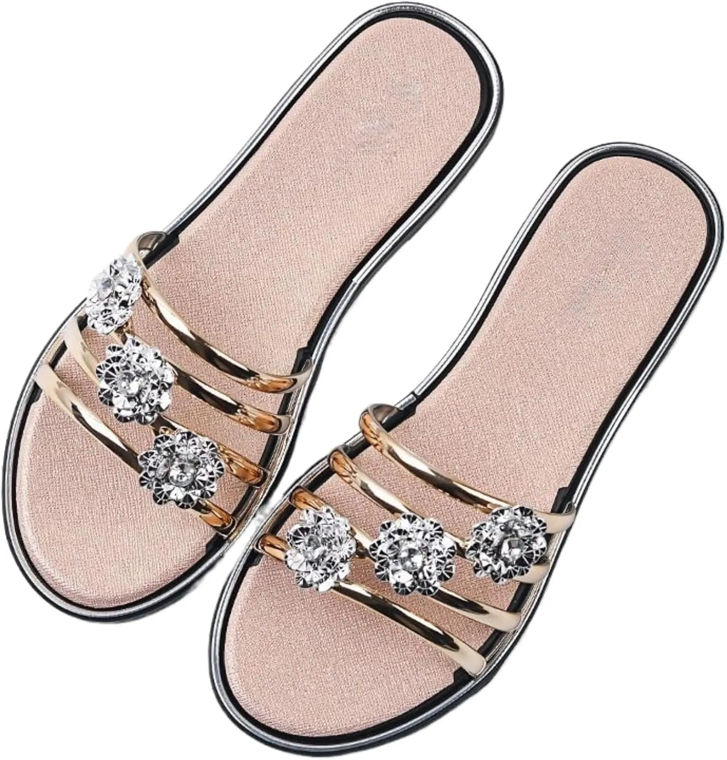 Shiny Diamond black flat Slide Sandals for Women Flip-flops Slip-On Fashionable Slippers for Summer Vacation