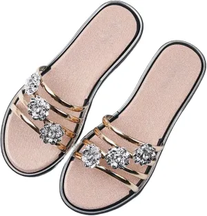 Shiny Diamond black flat Slide Sandals for Women Flip-flops Slip-On Fashionable Slippers for Summer Vacation