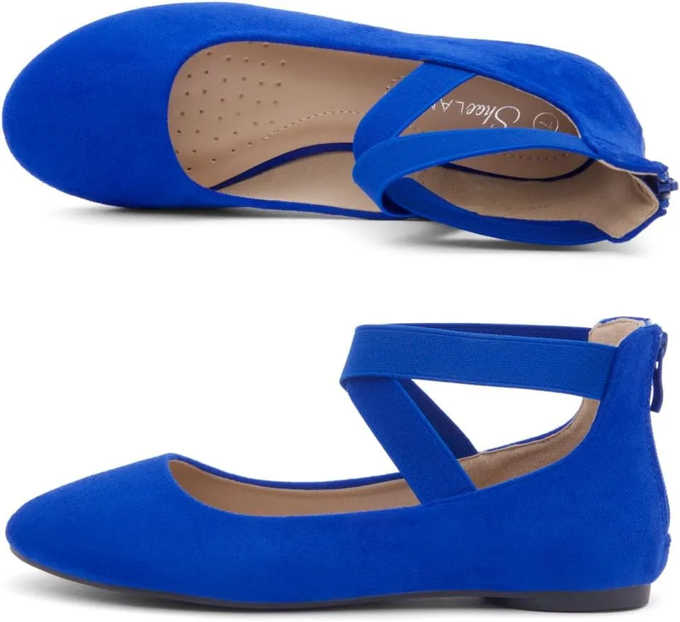 Shoe Land Women's Flats – Dressy & Casual Almond Toe Flat Shoes with Elastic Ankle Strap, Comfortable Slip-On Ballet Flats for Work, Office & Special Occasions
