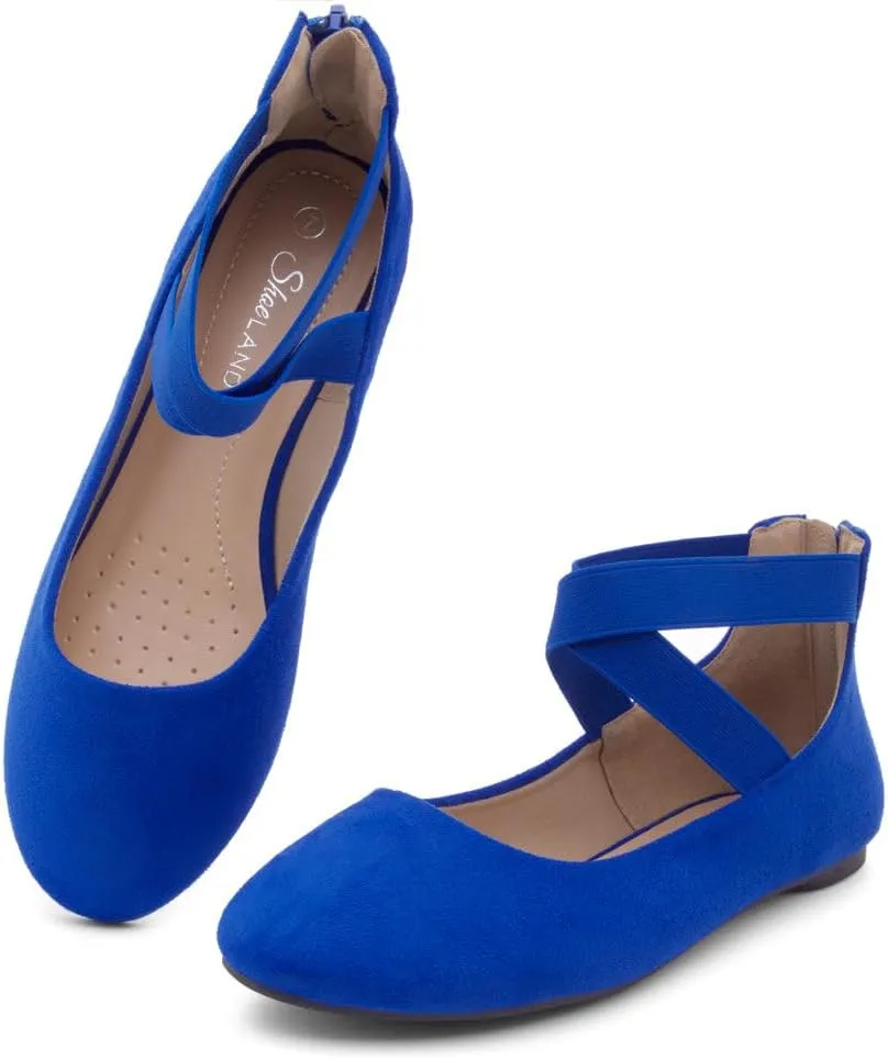 Shoe Land Women's Flats – Dressy & Casual Almond Toe Flat Shoes with Elastic Ankle Strap, Comfortable Slip-On Ballet Flats for Work, Office & Special Occasions