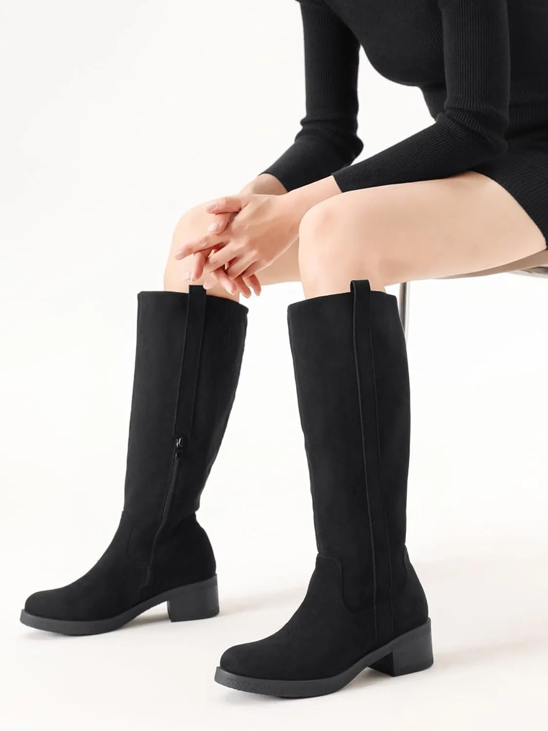 Shoe'N Tale Platform Knee High Boots for Women Round Toe Chunky Block Heel Tall Boots Comfortable Stretchy Side Zipper Long Boots