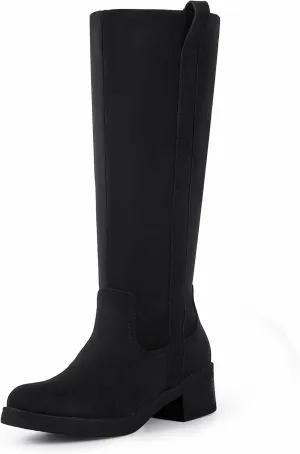 Shoe'N Tale Platform Knee High Boots for Women Round Toe Chunky Block Heel Tall Boots Comfortable Stretchy Side Zipper Long Boots