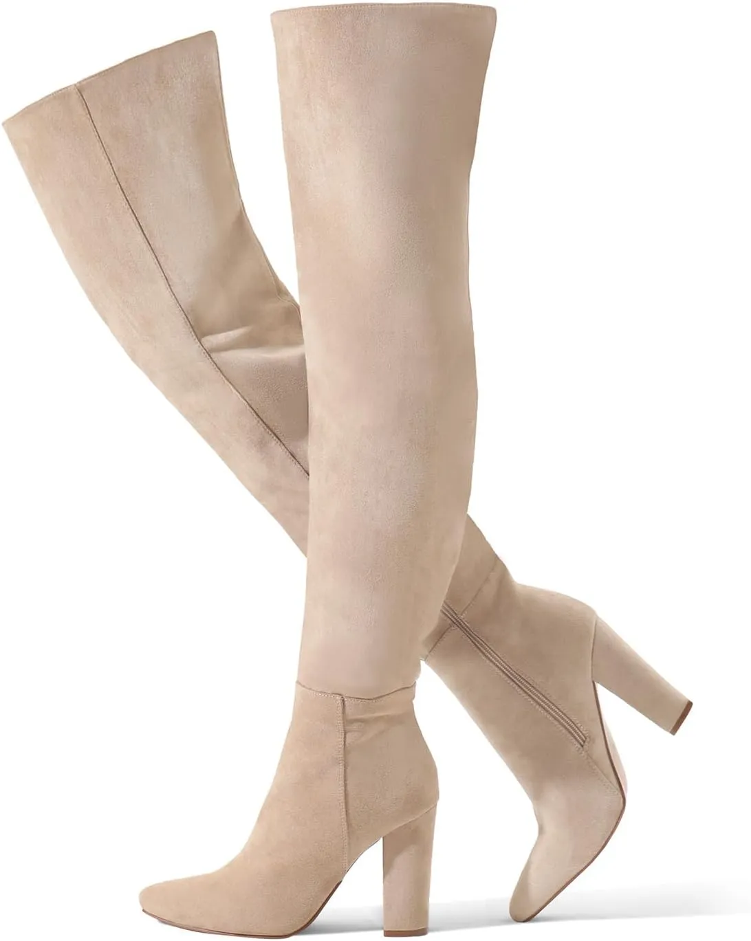 Shoe'N Tale Thigh High Over The Knee Boots for Women Block Chunky Heel Suede Long Pointed Toe Boots