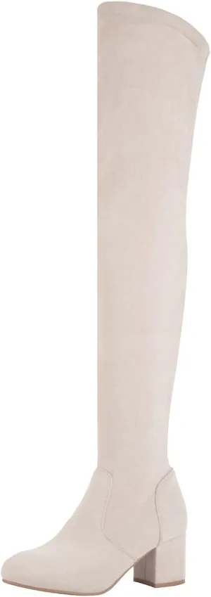 Shoe'N Tale Women Stretch Suede Chunky Block Heel Thigh High Over The Knee Boots