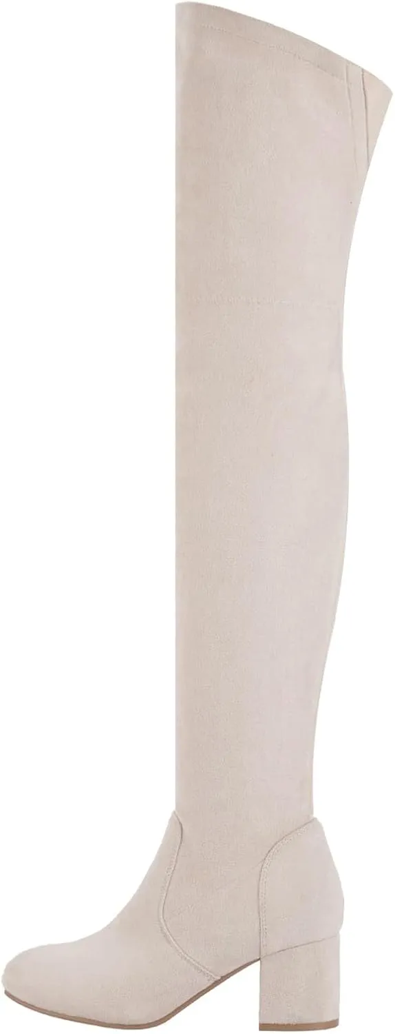 Shoe'N Tale Women Stretch Suede Chunky Block Heel Thigh High Over The Knee Boots
