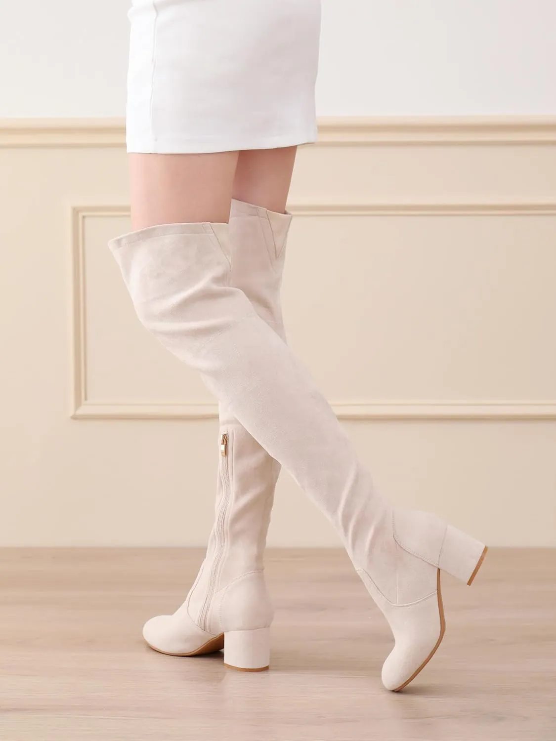 Shoe'N Tale Women Stretch Suede Chunky Block Heel Thigh High Over The Knee Boots