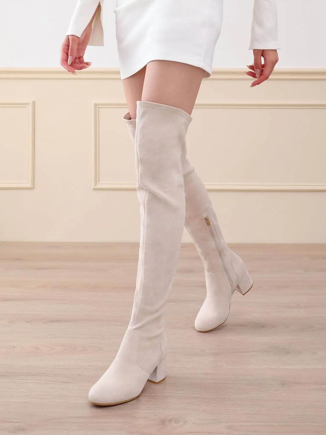 Shoe'N Tale Women Stretch Suede Chunky Block Heel Thigh High Over The Knee Boots