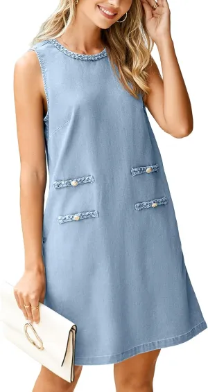Simplee Womens Denim Dress Summer Sleeveless Casual Mini Dresses Crewneck Western Jean Dress with Pockets