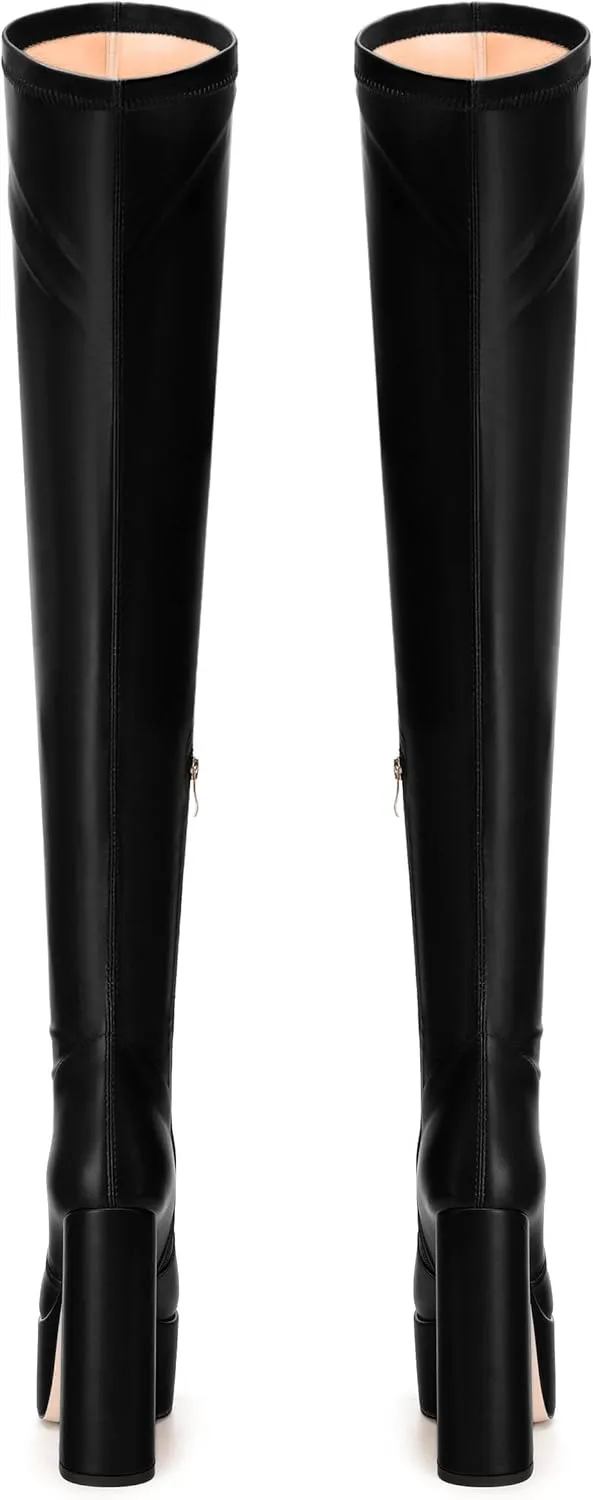 SKYSTERRY Women's Thigh High Boots Over The Knee Platform High Chunky Round Toe Heels Boots Side Zipper Sexy Comfortable Long Boots