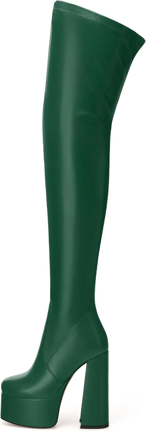 SKYSTERRY Women's Thigh High Boots Over The Knee Platform High Chunky Round Toe Heels Boots Side Zipper Sexy Comfortable Long Boots
