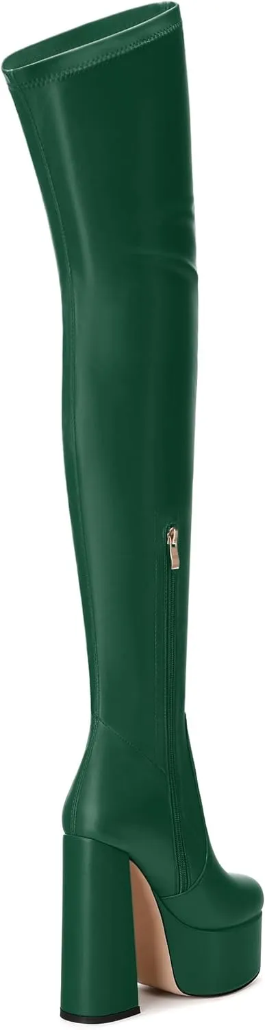 SKYSTERRY Women's Thigh High Boots Over The Knee Platform High Chunky Round Toe Heels Boots Side Zipper Sexy Comfortable Long Boots