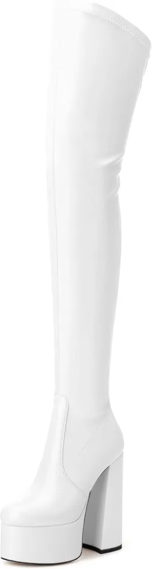 SKYSTERRY Women's Thigh High Boots Over The Knee Platform High Chunky Round Toe Heels Boots Side Zipper Sexy Comfortable Long Boots