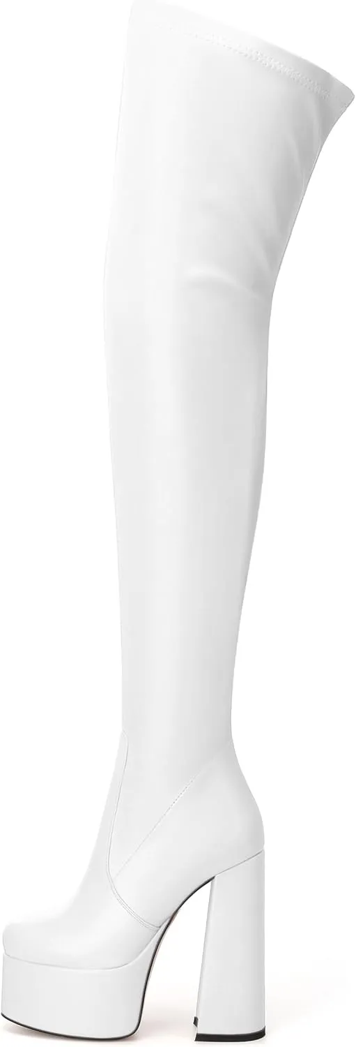 SKYSTERRY Women's Thigh High Boots Over The Knee Platform High Chunky Round Toe Heels Boots Side Zipper Sexy Comfortable Long Boots