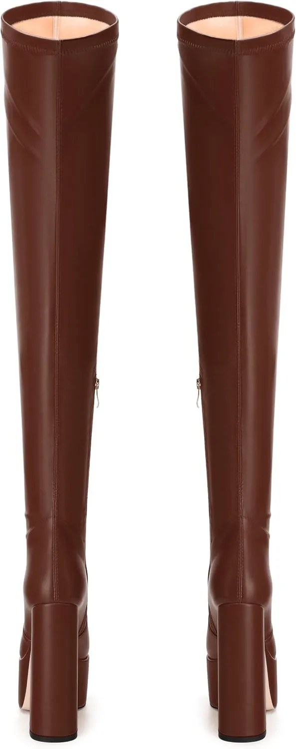 SKYSTERRY Women's Thigh High Boots Over The Knee Platform High Chunky Round Toe Heels Boots Side Zipper Sexy Comfortable Long Boots