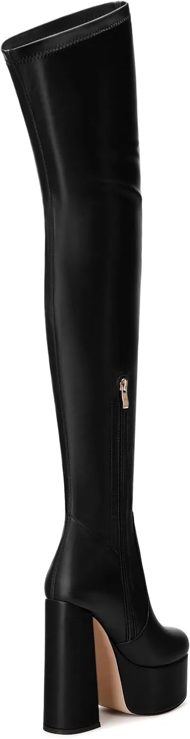 SKYSTERRY Women's Thigh High Boots Over The Knee Platform High Chunky Round Toe Heels Boots Side Zipper Sexy Comfortable Long Boots