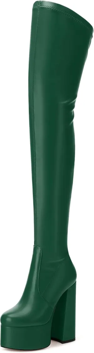 SKYSTERRY Women's Thigh High Boots Over The Knee Platform High Chunky Round Toe Heels Boots Side Zipper Sexy Comfortable Long Boots