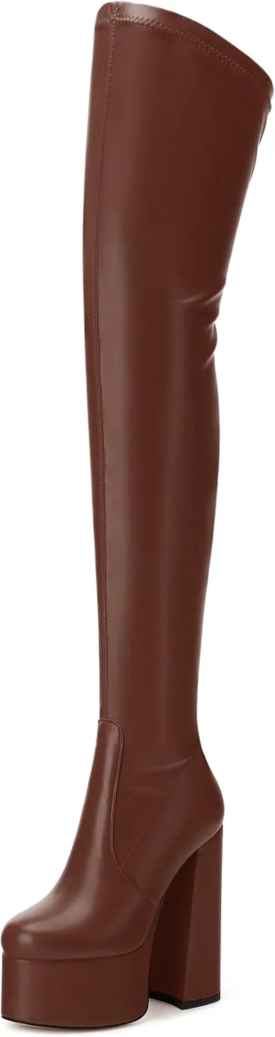 SKYSTERRY Women's Thigh High Boots Over The Knee Platform High Chunky Round Toe Heels Boots Side Zipper Sexy Comfortable Long Boots
