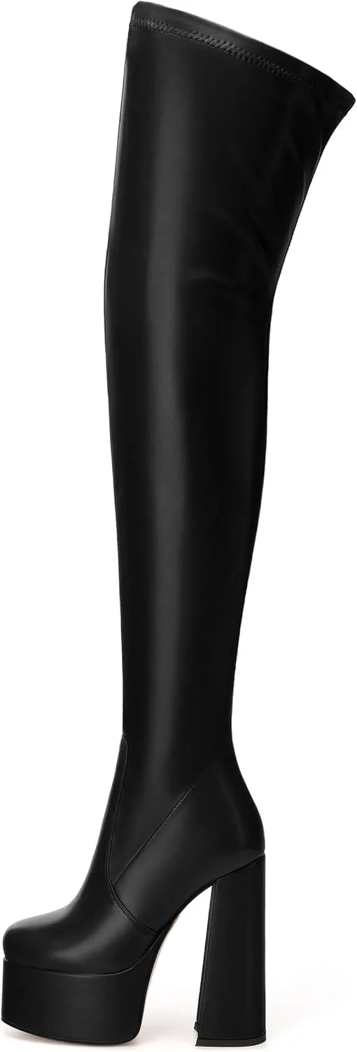 SKYSTERRY Women's Thigh High Boots Over The Knee Platform High Chunky Round Toe Heels Boots Side Zipper Sexy Comfortable Long Boots