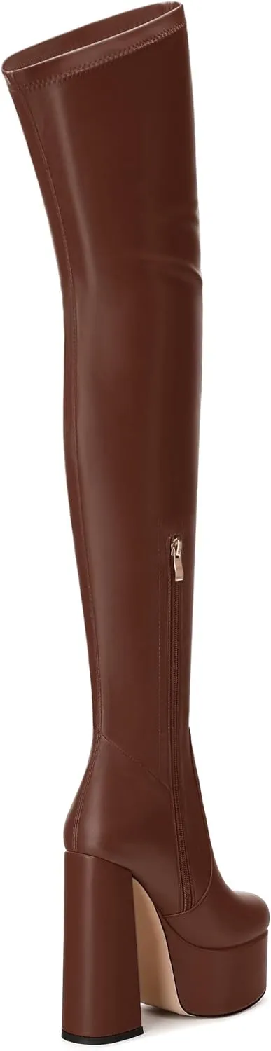 SKYSTERRY Women's Thigh High Boots Over The Knee Platform High Chunky Round Toe Heels Boots Side Zipper Sexy Comfortable Long Boots