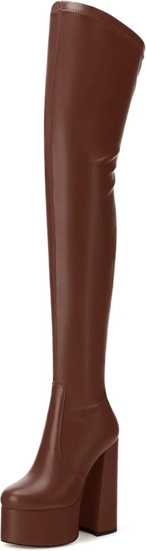 SKYSTERRY Women's Thigh High Boots Over The Knee Platform High Chunky Round Toe Heels Boots Side Zipper Sexy Comfortable Long Boots