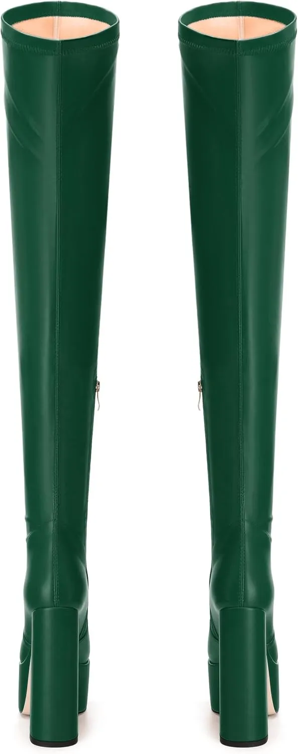 SKYSTERRY Women's Thigh High Boots Over The Knee Platform High Chunky Round Toe Heels Boots Side Zipper Sexy Comfortable Long Boots