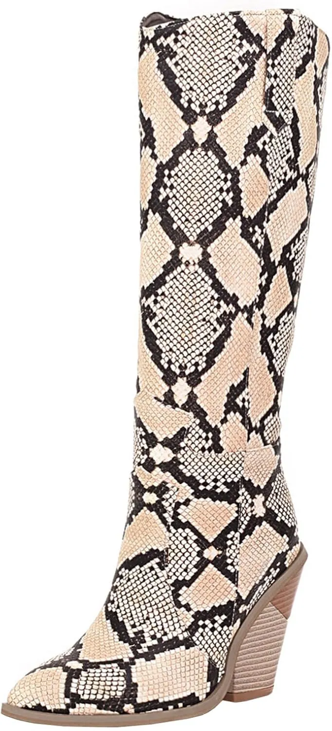 Snake Print Knee High Boots for Women Chunky Heel Pointed Toe Cowboy Boots Sexy Western Snakeskin Cowgirl Boots