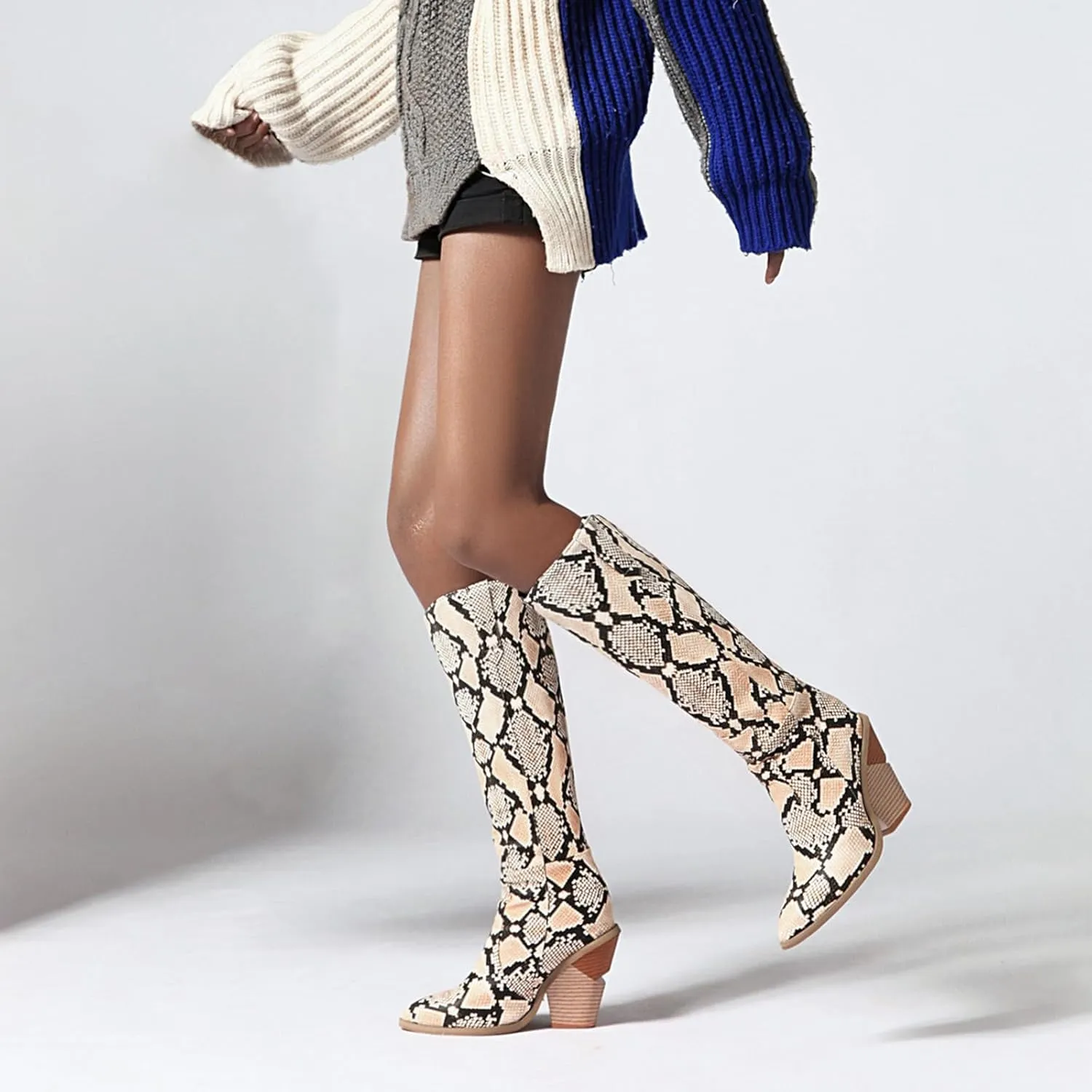 Snake Print Knee High Boots for Women Chunky Heel Pointed Toe Cowboy Boots Sexy Western Snakeskin Cowgirl Boots