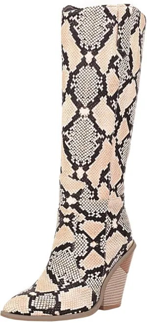 Snake Print Knee High Boots for Women Chunky Heel Pointed Toe Cowboy Boots Sexy Western Snakeskin Cowgirl Boots