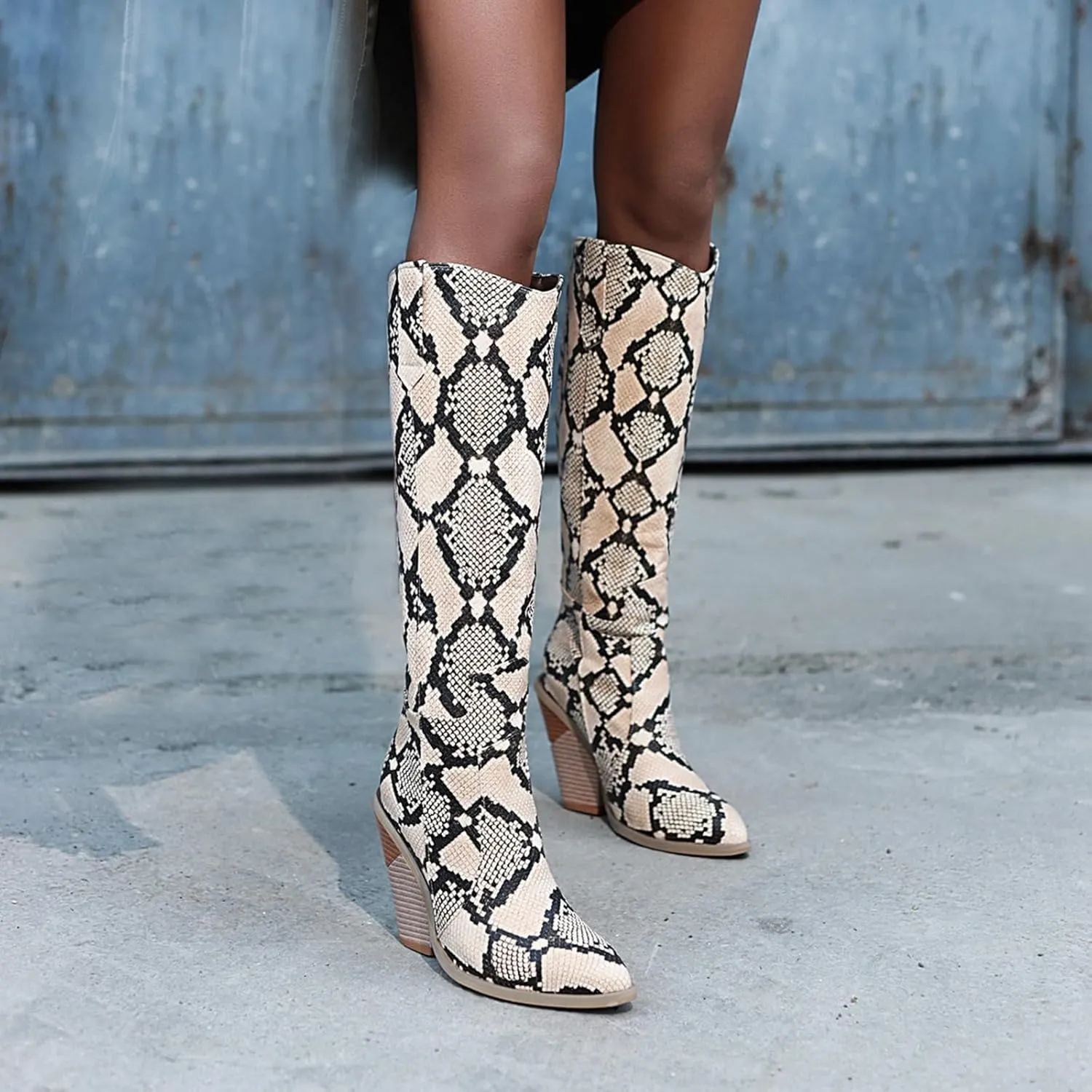 Snake Print Knee High Boots for Women Chunky Heel Pointed Toe Cowboy Boots Sexy Western Snakeskin Cowgirl Boots