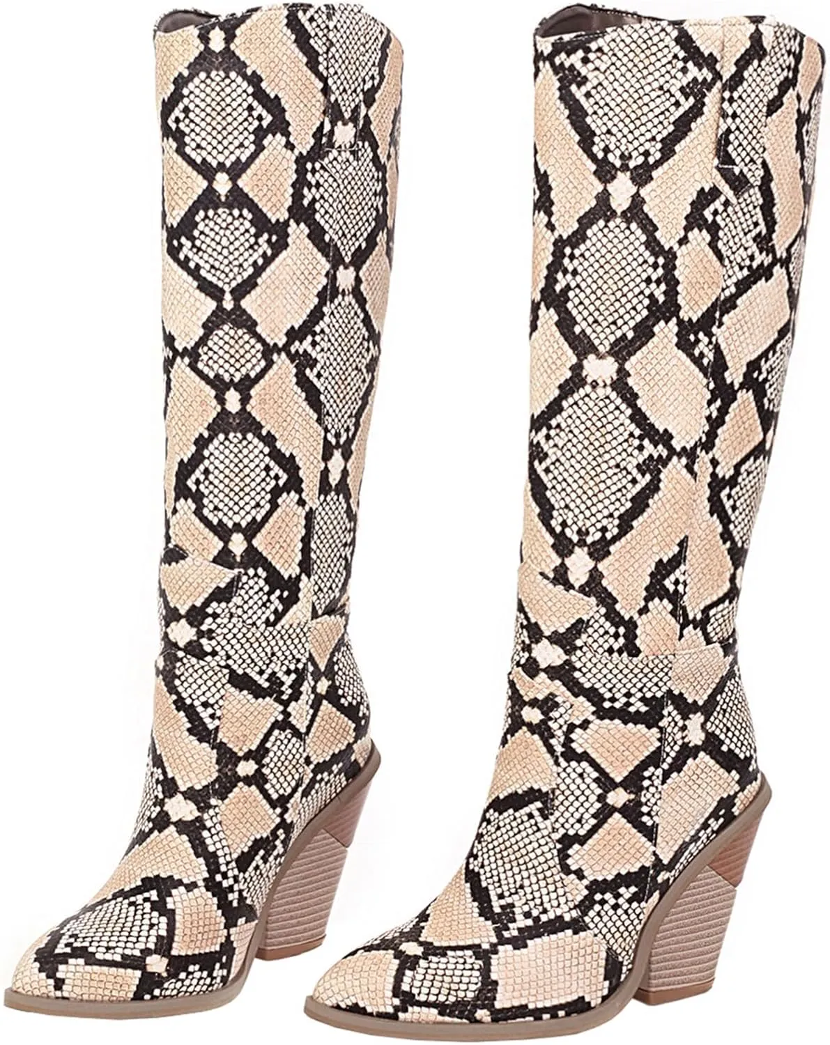 Snake Print Knee High Boots for Women Chunky Heel Pointed Toe Cowboy Boots Sexy Western Snakeskin Cowgirl Boots