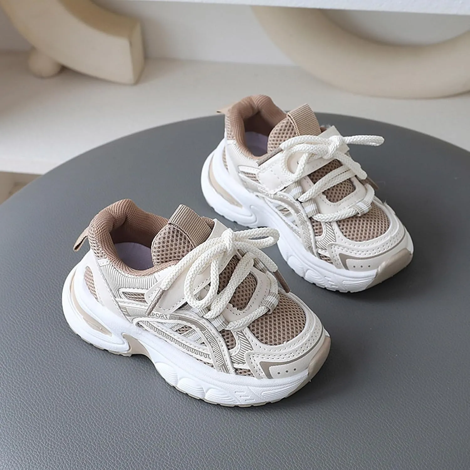 Sneakers for Girls Fashion Kids Chunky Causal Sneakers Lace Up Breathable Net Thick Sole Sports Shoes Clunky School Shoes