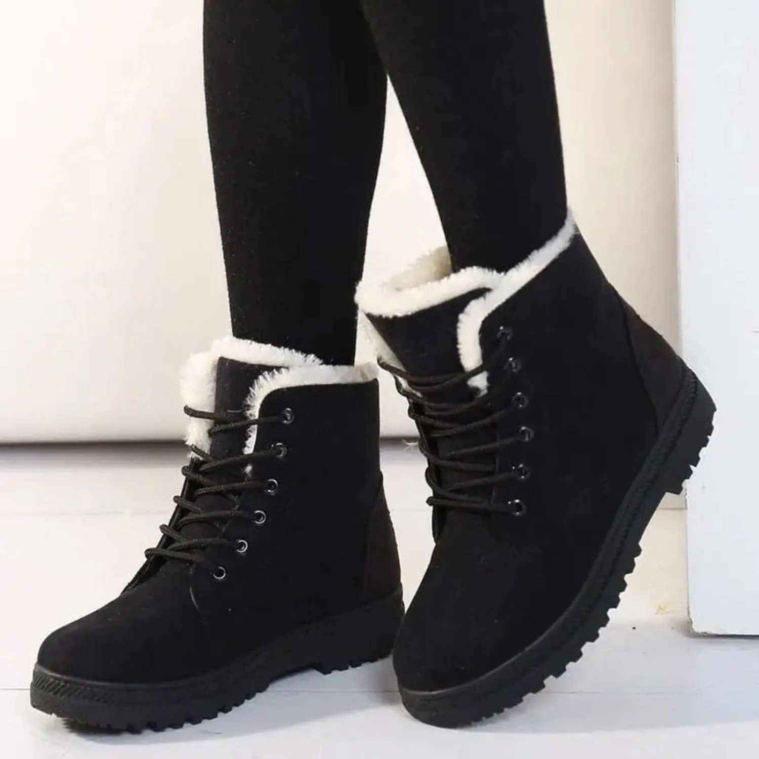 Snow Boots For Women Waterproof Platform Boots for Women Chunky Heel Warm Round Toe Lace Up Flat Short Snow Boots