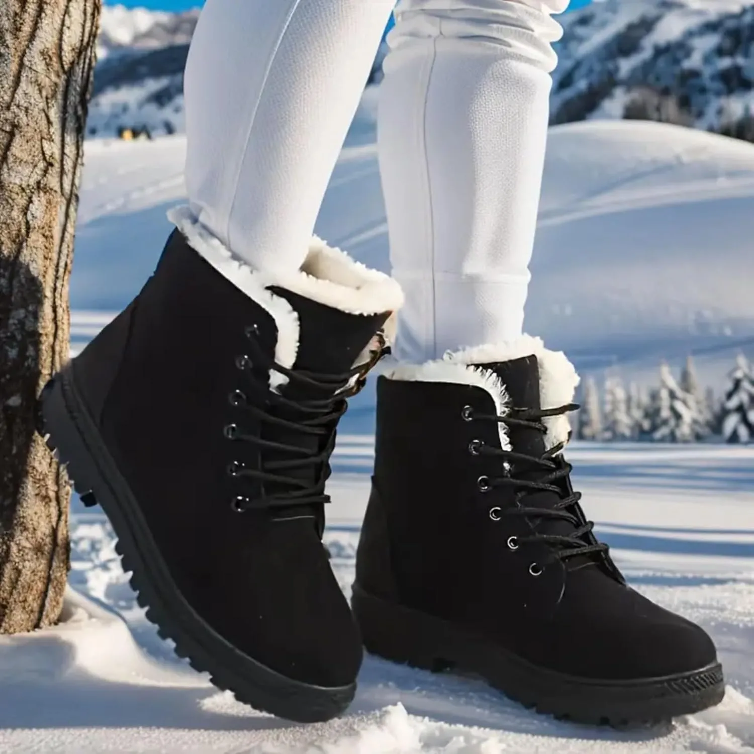 Snow Boots For Women Waterproof Platform Boots for Women Chunky Heel Warm Round Toe Lace Up Flat Short Snow Boots