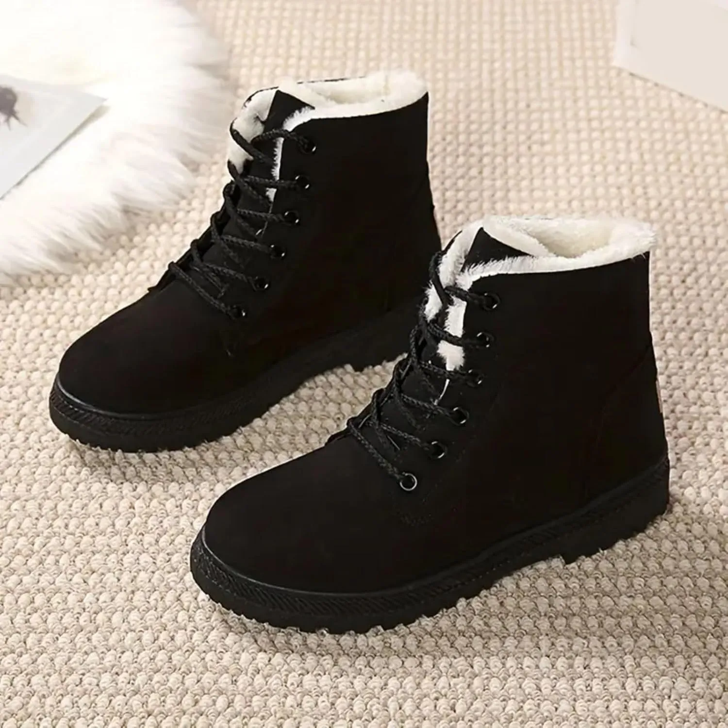 Snow Boots For Women Waterproof Platform Boots for Women Chunky Heel Warm Round Toe Lace Up Flat Short Snow Boots