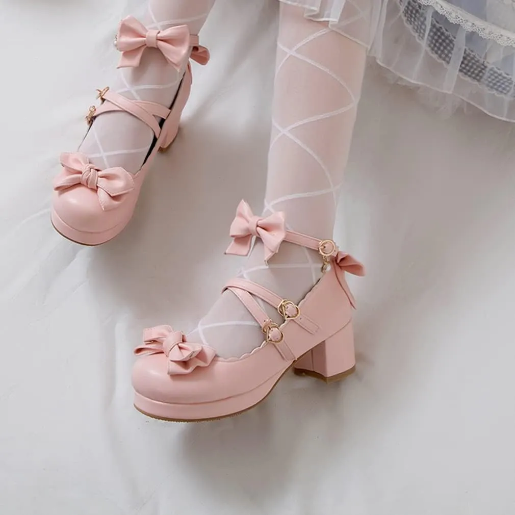 SO SIMPOK Women Sweet Bow Lolita Shoes Platform Mary Janes Chunky Heel Lace Cosplay Cute Strappy Comfort Princess Dress Shoes