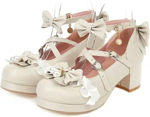 SO SIMPOK Women Sweet Bow Lolita Shoes Platform Mary Janes Chunky Heel Lace Cosplay Cute Strappy Comfort Princess Dress Shoes
