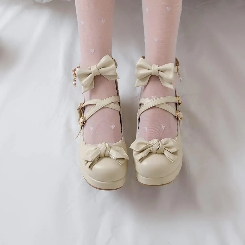 SO SIMPOK Women Sweet Bow Lolita Shoes Platform Mary Janes Chunky Heel Lace Cosplay Cute Strappy Comfort Princess Dress Shoes