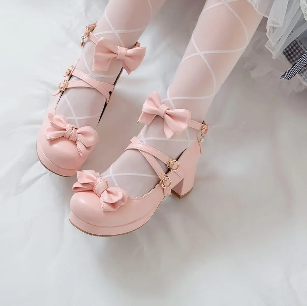 SO SIMPOK Women Sweet Bow Lolita Shoes Platform Mary Janes Chunky Heel Lace Cosplay Cute Strappy Comfort Princess Dress Shoes