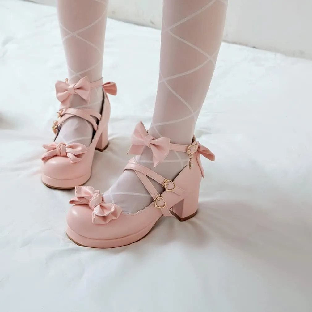 SO SIMPOK Women Sweet Bow Lolita Shoes Platform Mary Janes Chunky Heel Lace Cosplay Cute Strappy Comfort Princess Dress Shoes