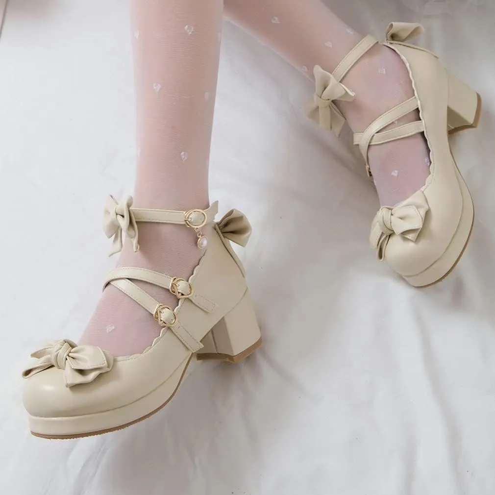 SO SIMPOK Women Sweet Bow Lolita Shoes Platform Mary Janes Chunky Heel Lace Cosplay Cute Strappy Comfort Princess Dress Shoes