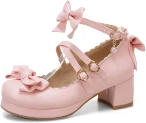 SO SIMPOK Women Sweet Bow Lolita Shoes Platform Mary Janes Chunky Heel Lace Cosplay Cute Strappy Comfort Princess Dress Shoes