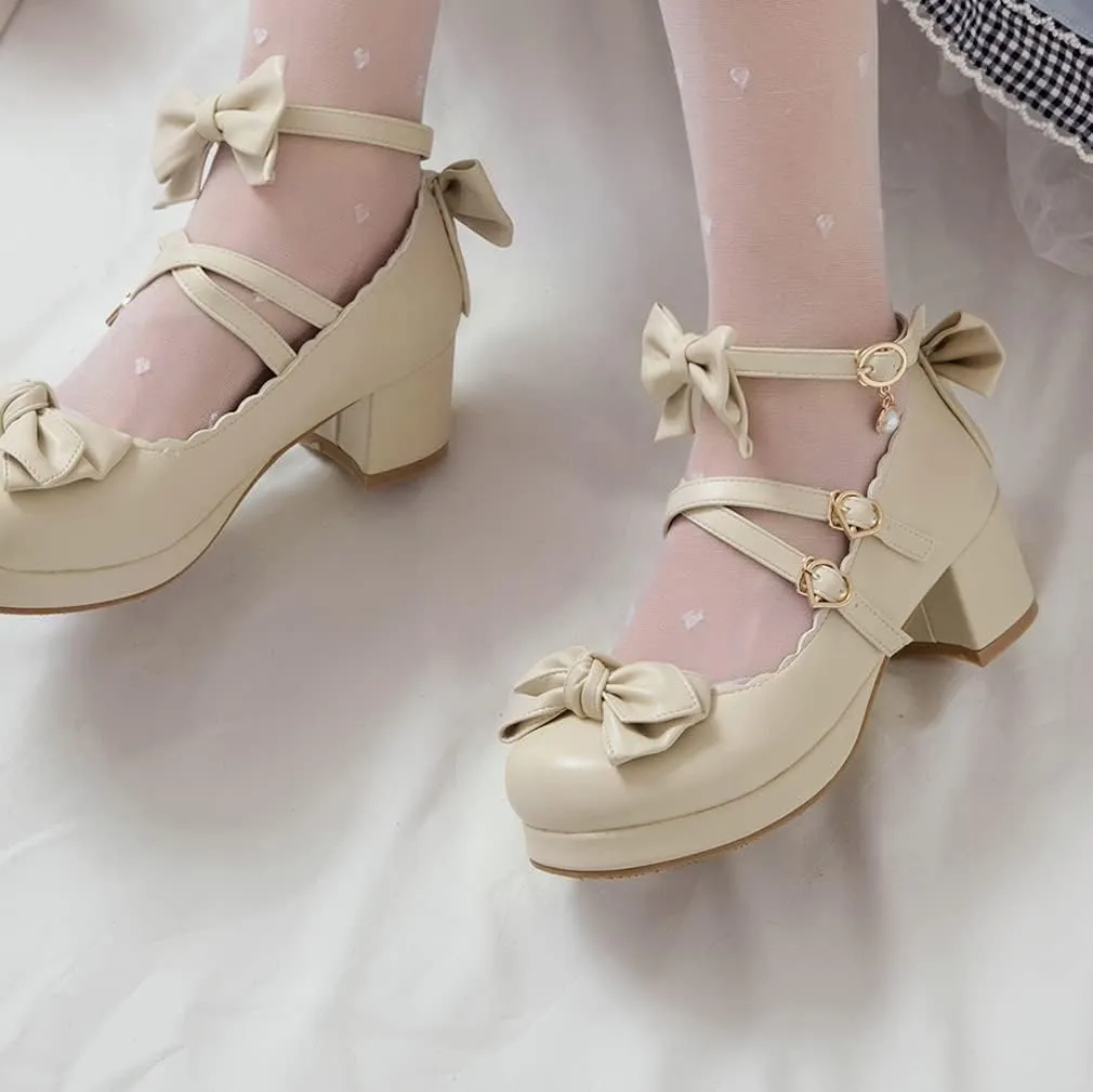 SO SIMPOK Women Sweet Bow Lolita Shoes Platform Mary Janes Chunky Heel Lace Cosplay Cute Strappy Comfort Princess Dress Shoes
