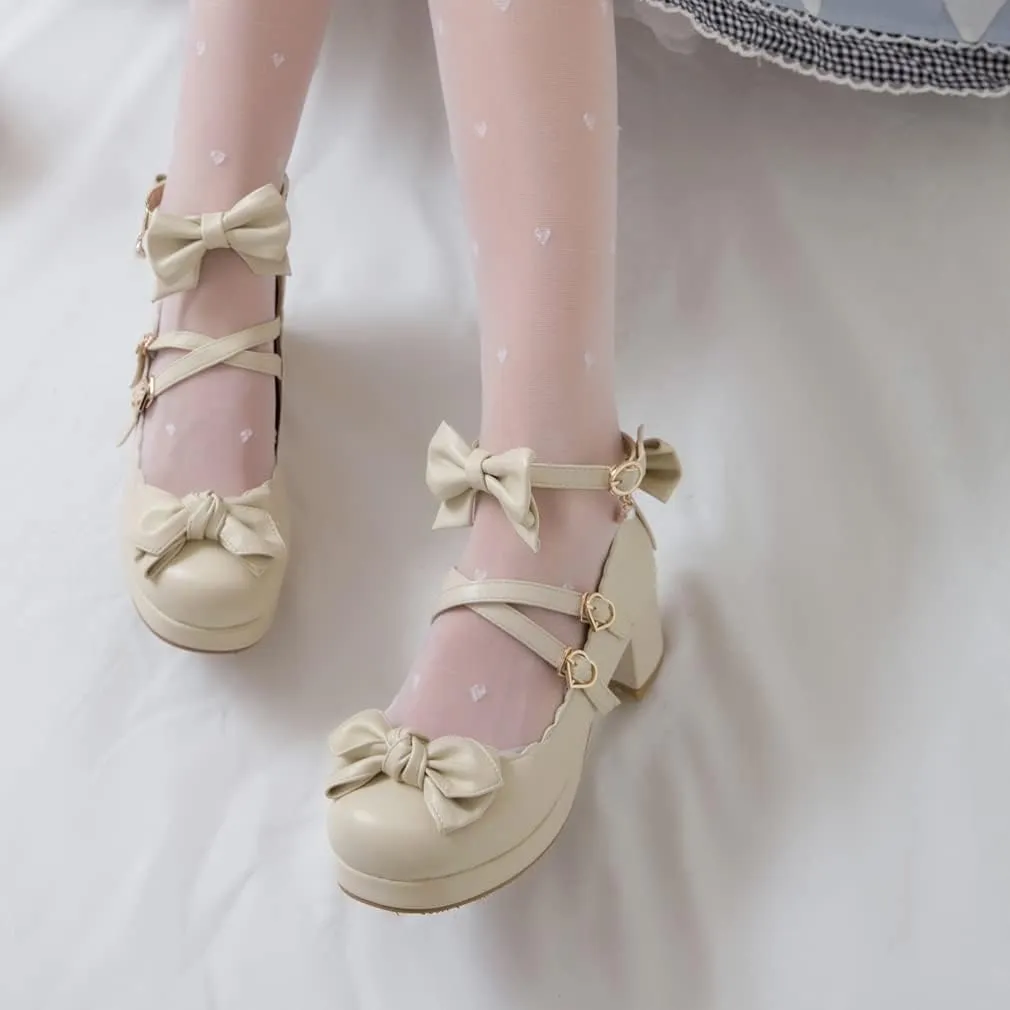 SO SIMPOK Women Sweet Bow Lolita Shoes Platform Mary Janes Chunky Heel Lace Cosplay Cute Strappy Comfort Princess Dress Shoes