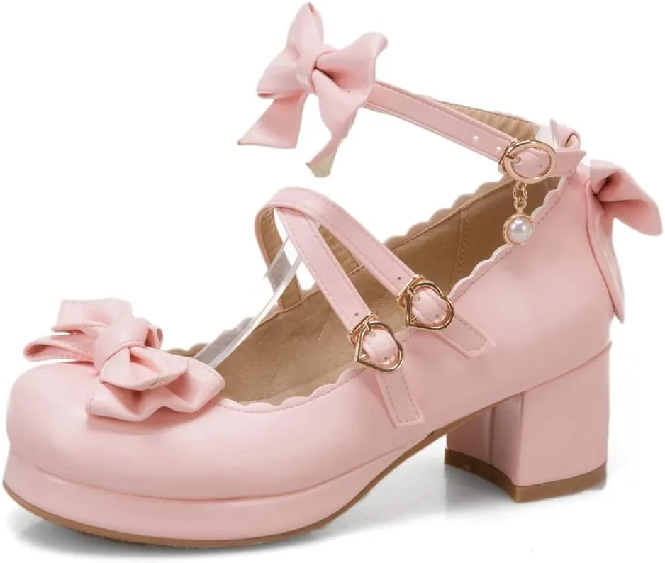 SO SIMPOK Women Sweet Bow Lolita Shoes Platform Mary Janes Chunky Heel Lace Cosplay Cute Strappy Comfort Princess Dress Shoes