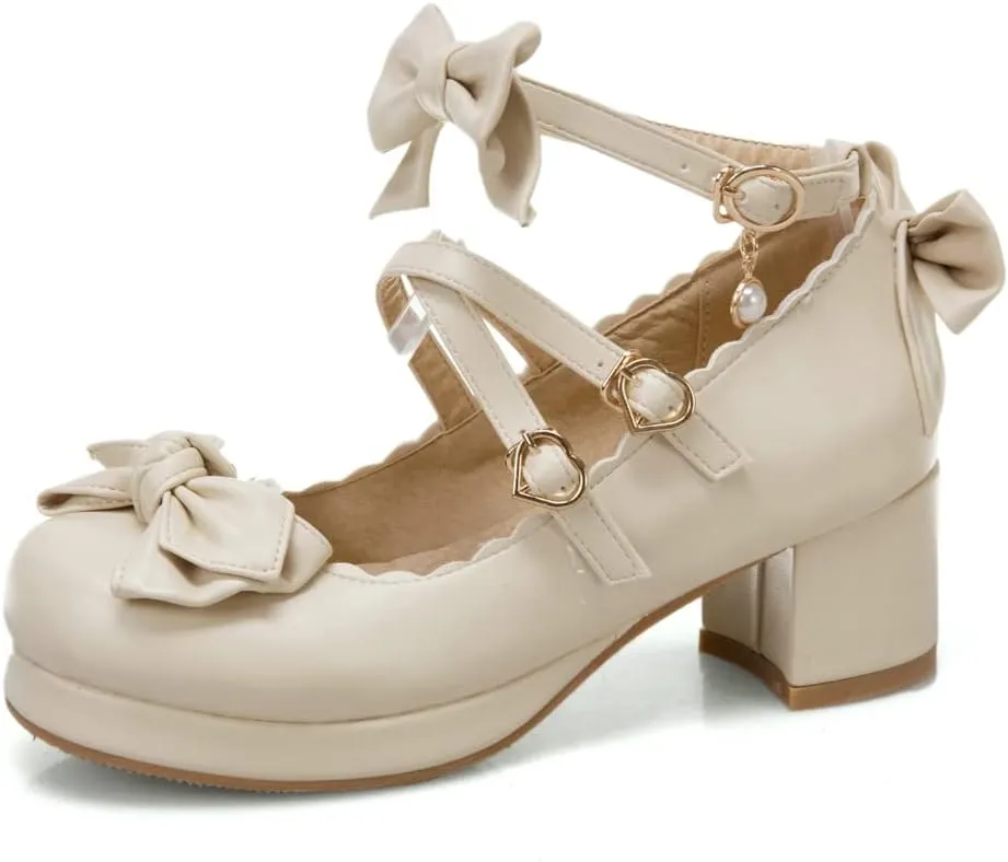 SO SIMPOK Women Sweet Bow Lolita Shoes Platform Mary Janes Chunky Heel Lace Cosplay Cute Strappy Comfort Princess Dress Shoes