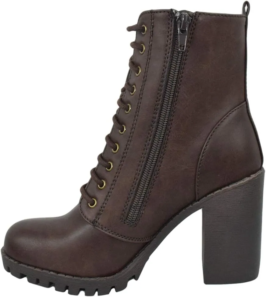 Soda Women Chunky High Heel Combat Army Military Riding Ankle Boots Lace Up Booties Malia-S