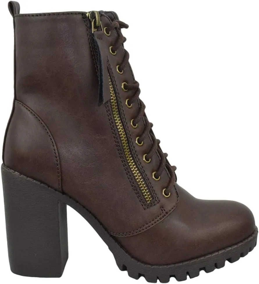 Soda Women Chunky High Heel Combat Army Military Riding Ankle Boots Lace Up Booties Malia-S